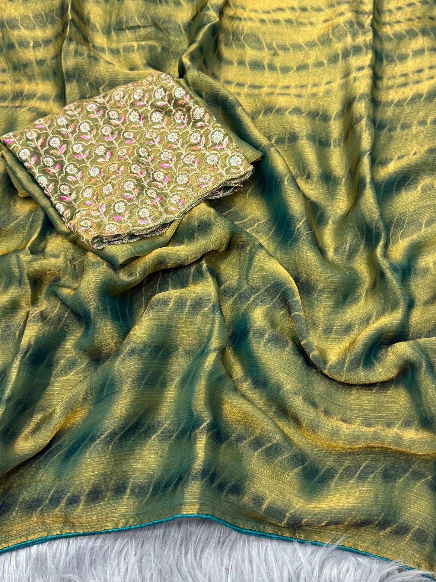 NN-2042 Space silk fabric with zebra pattern tie & die with pipping border and tassles with Heavy sequence work blouse