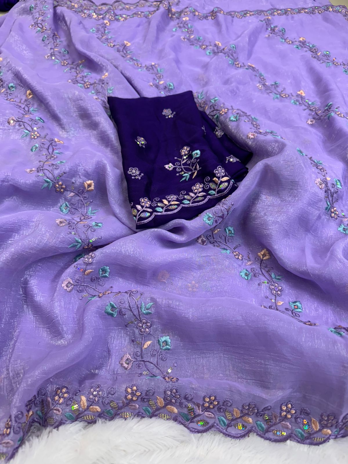 NN-2044 Crunchy fabric with C-pallu work with lehariya desgin with rich multi emroidary thread with contrast heavy sequence work blouse