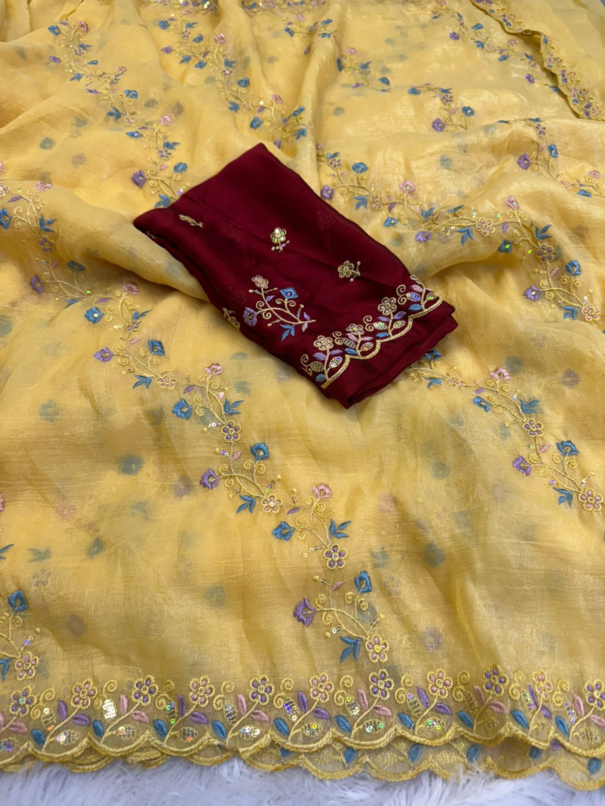 NN-2044 Crunchy fabric with C-pallu work with lehariya desgin with rich multi emroidary thread with contrast heavy sequence work blouse
