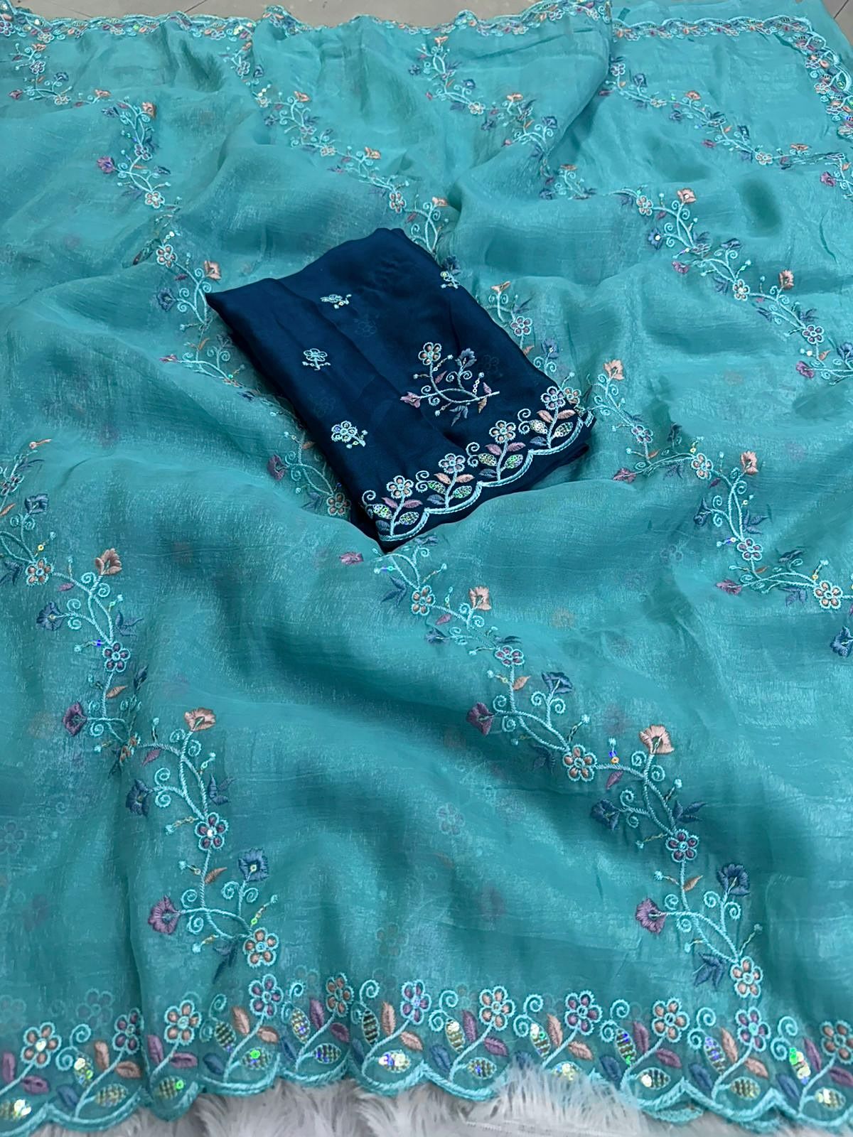 NN-2044 Crunchy fabric with C-pallu work with lehariya desgin with rich multi emroidary thread with contrast heavy sequence work blouse