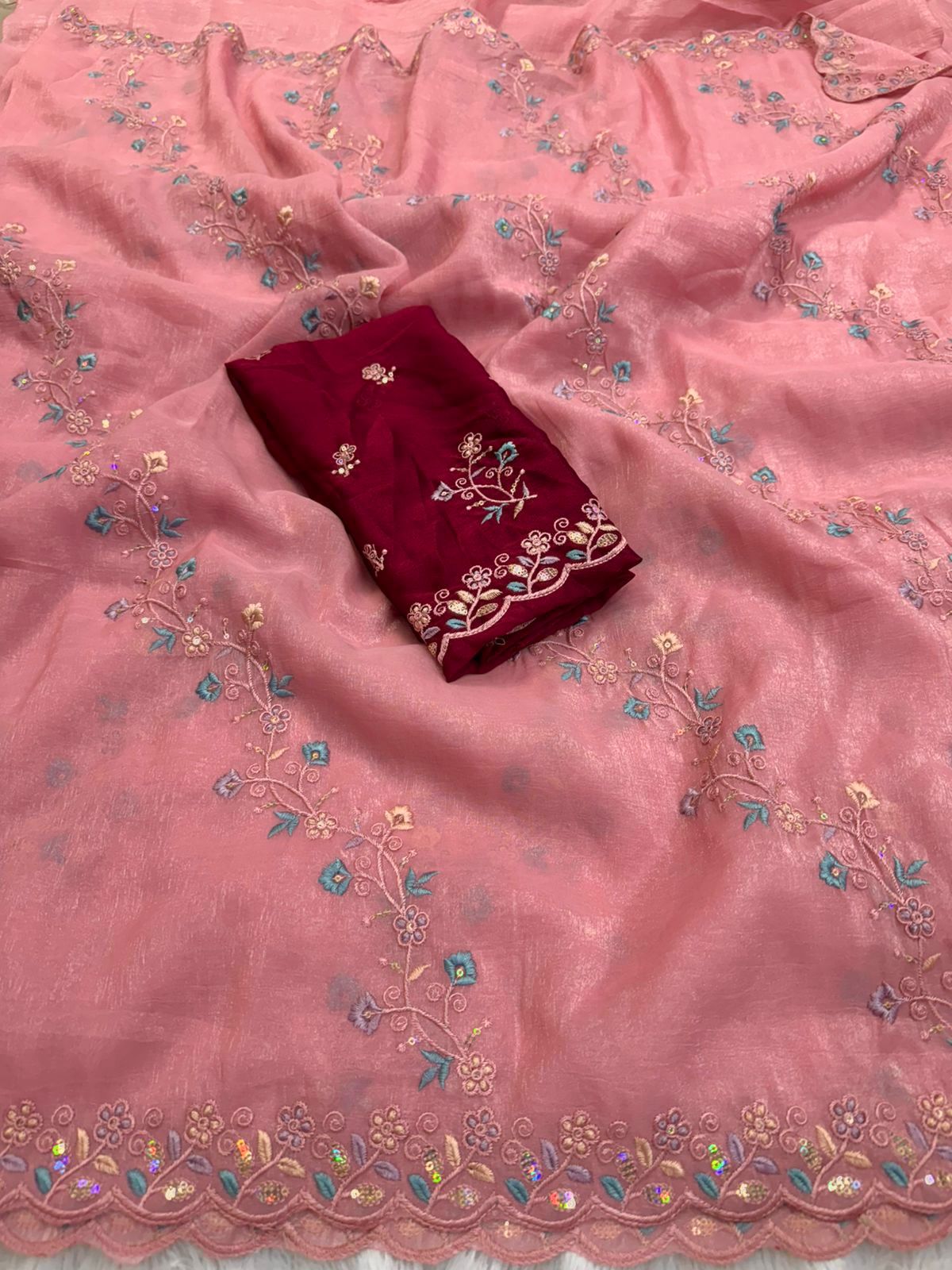 NN-2044 Crunchy fabric with C-pallu work with lehariya desgin with rich multi emroidary thread with contrast heavy sequence work blouse