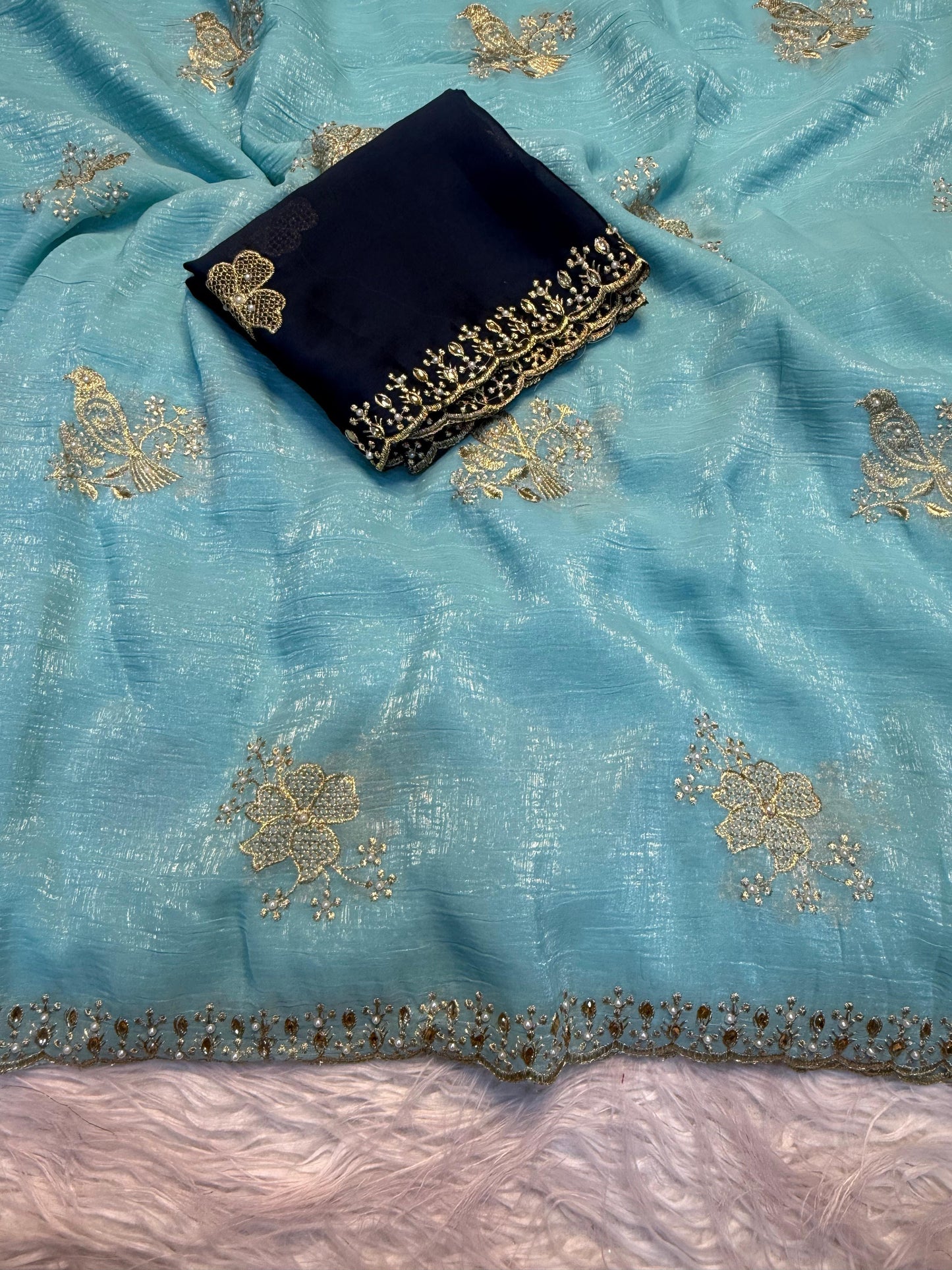 NN-2045 CRUNCHY silk with beautiful embroidery C-pallu work with full of elegance and moti work allover saree with Rangoli silk with blooming colours with heavy embroidary blouse