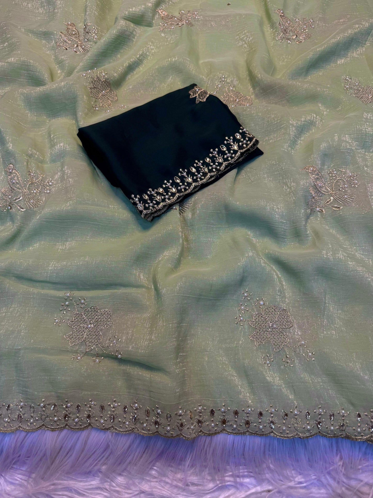 NN-2045 CRUNCHY silk with beautiful embroidery C-pallu work with full of elegance and moti work allover saree with Rangoli silk with blooming colours with heavy embroidary blouse