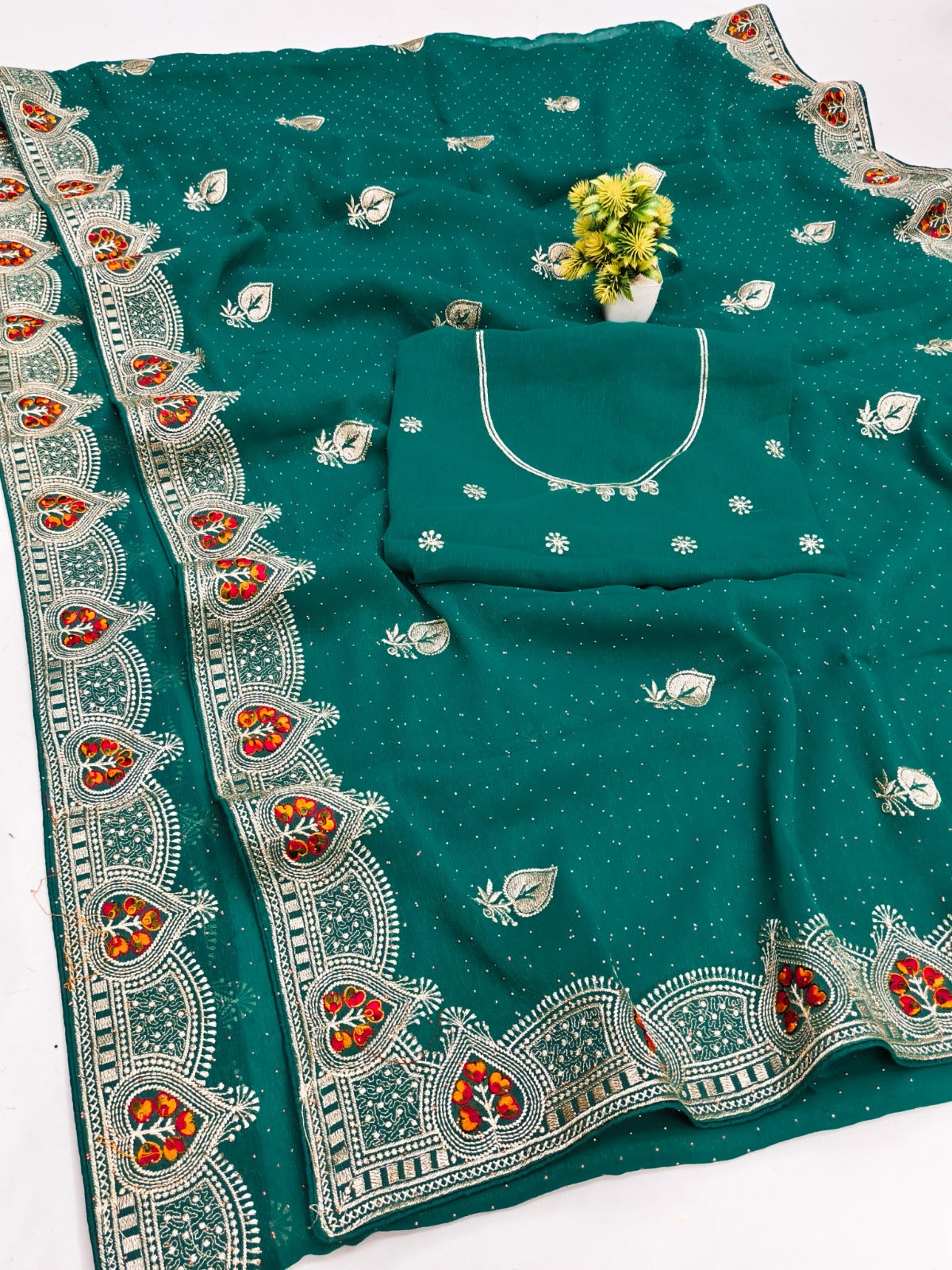 DF-PAN-PATTA PREMIUM SIMMER SAREE WITH EMBORIDERY AND THREAD WORK WITH SIROSKI AND HEAVY BLOUSE