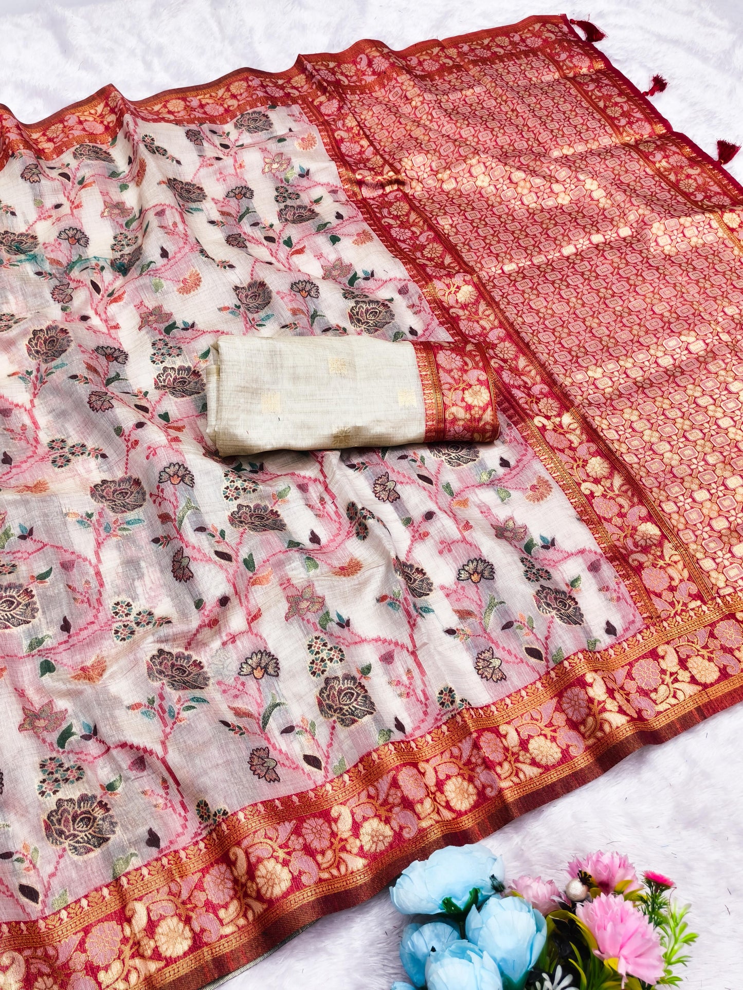 CT-SAMANTHA COTTON TISSUE SILK SAREE WITH CHIKKU COLOR COMMON WITH JHAL WEAVING WORK WITH TASSELS
