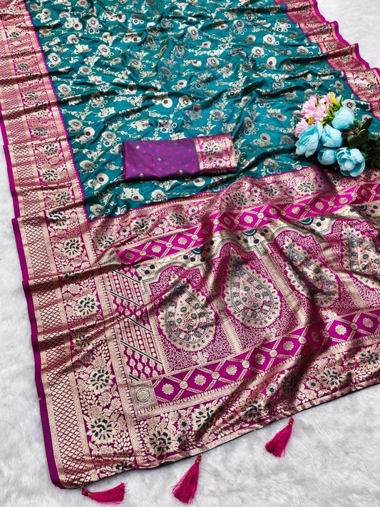 AJ-BANDRA SOFT SILK SAREE WITH CONTRAST PALLU AND BORDER WITH BEAUTIFUL JHAL DESIGN WITH BUTTI CONTRAST BLOUSE