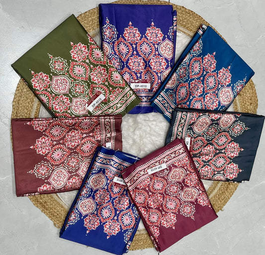 DP-4010 JAPAN SATIN SAREE WITH VIRAL AJRAK PRINT WITH ALL OVER 6.30 MTR CUT