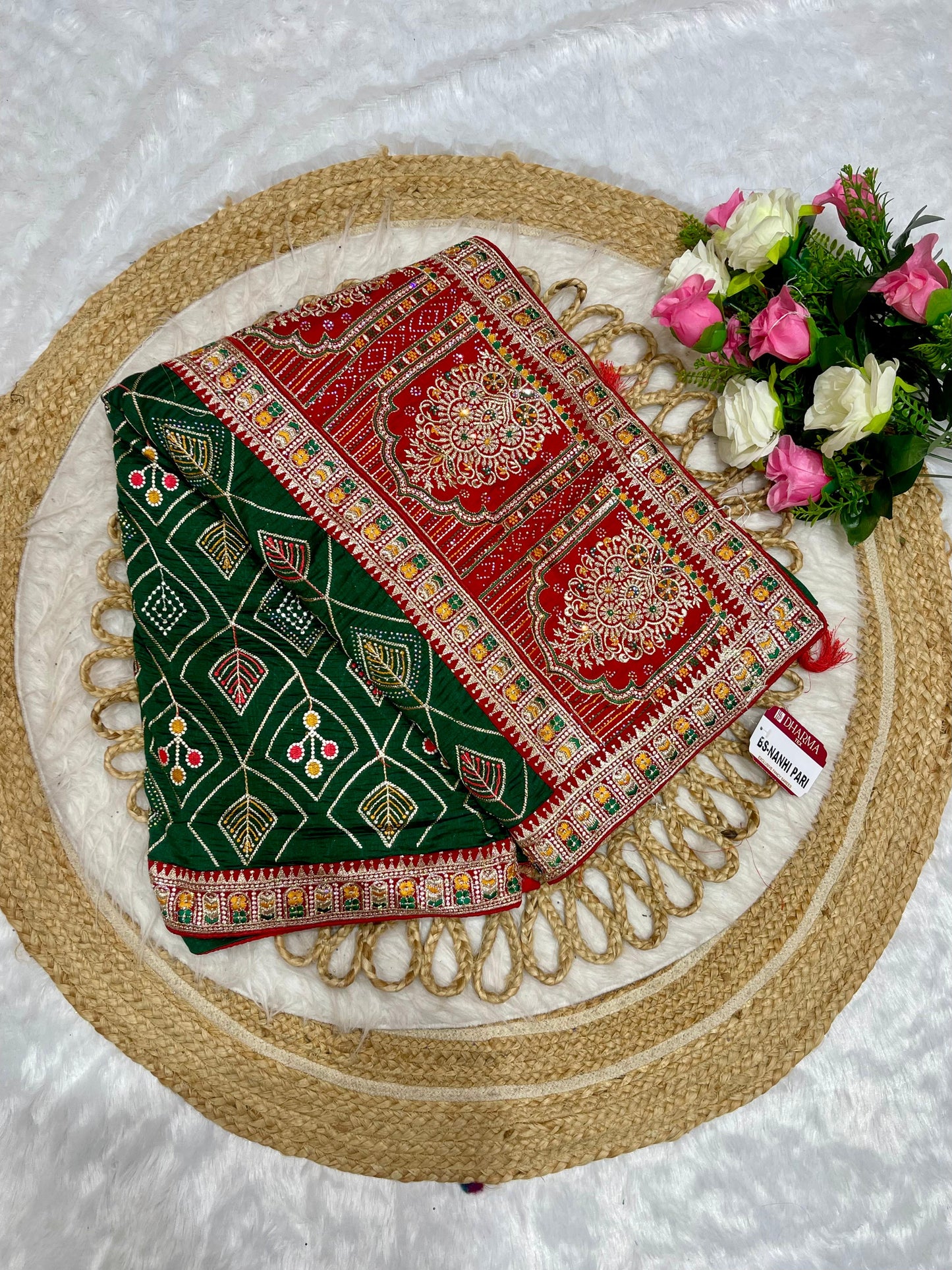 BS-NANHI-PARI HEAVY VICHITRA SAREE WITH HEAVY EMBROIDERY WORK WITH DMC SIROSKI WITH CONTRAST PALLU