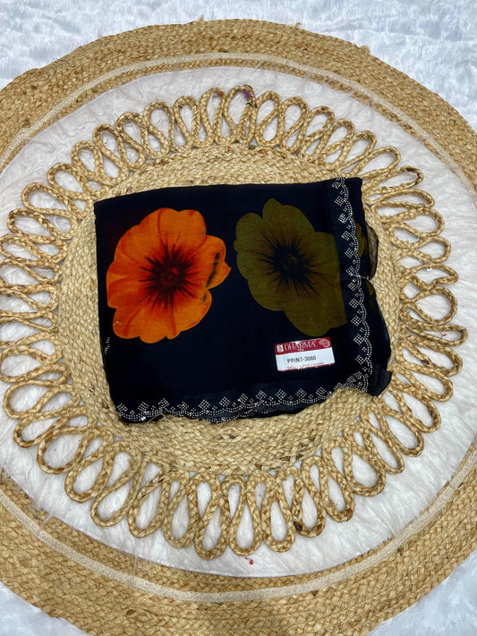PRINT-3080 PREMIUM LBS FABRIC SAREE WITH BEAUTIFUL FLOWER DESIGN PRINT WITH BLACK COMMON DESIGN WITH HEAVY SIROSKI BORDER WITH 6.30 MTR CUT