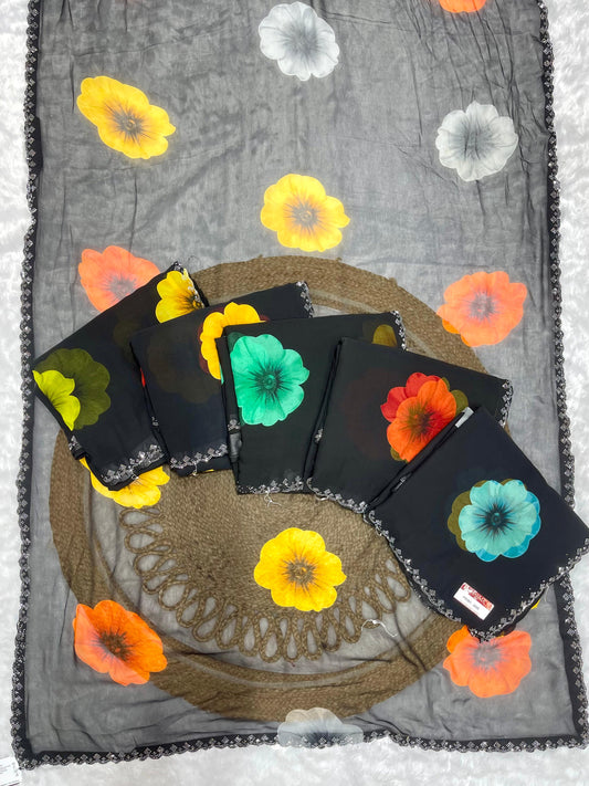 PRINT-3080 PREMIUM LBS FABRIC SAREE WITH BEAUTIFUL FLOWER DESIGN PRINT WITH BLACK COMMON DESIGN WITH HEAVY SIROSKI BORDER WITH 6.30 MTR CUT