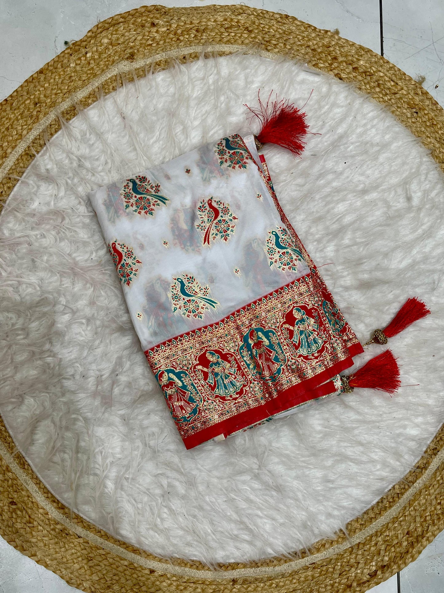 AJ-WHITE-BALCHURI SOFT SILK SAREE WITH WHITE RED SAREE WITH POSITION STYLE WEAVING WITH HEAVY LATKAN