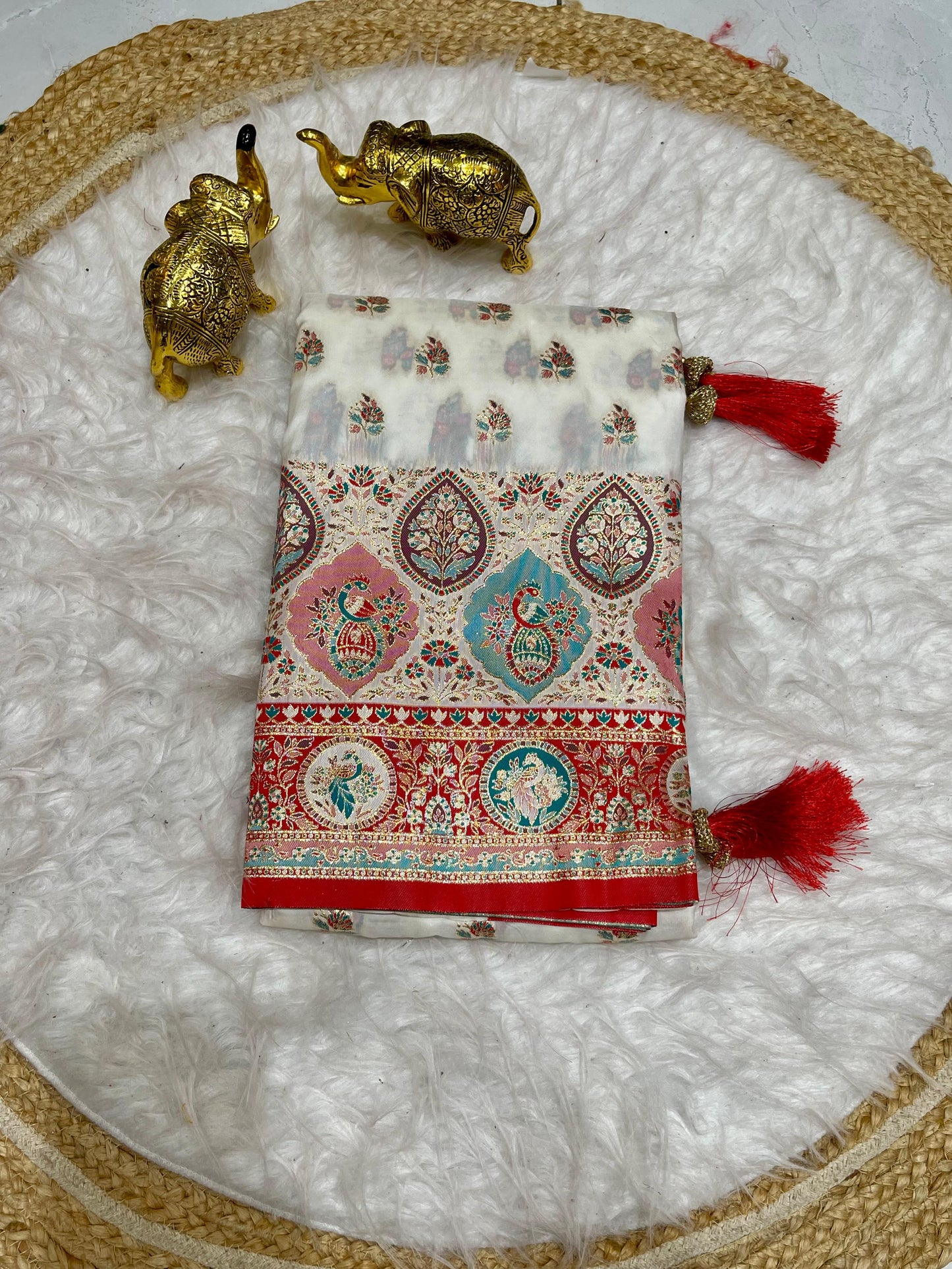 AJ-WHITE-BALCHURI SOFT SILK SAREE WITH WHITE RED SAREE WITH POSITION STYLE WEAVING WITH HEAVY LATKAN