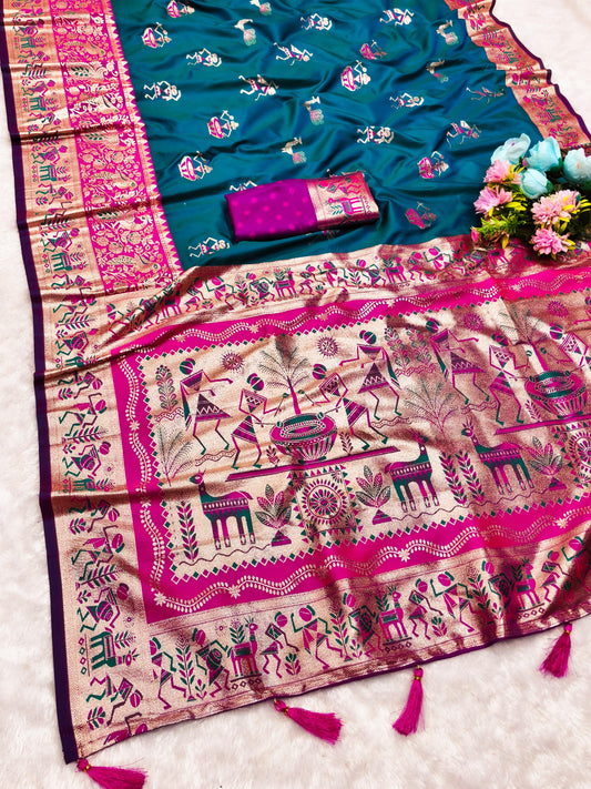 AJ-KALYANI SOFT SILK SAREE WITH KALAMKARI PALLU DESIGN WITH CONTRAST BORDER WITH BUTTI BLOUSE