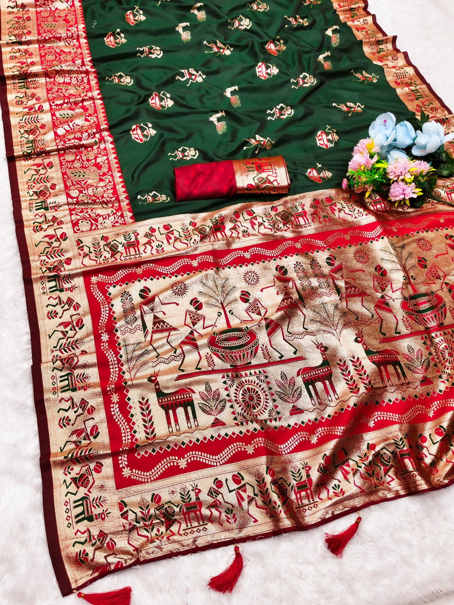 AJ-KALYANI SOFT SILK SAREE WITH KALAMKARI PALLU DESIGN WITH CONTRAST BORDER WITH BUTTI BLOUSE