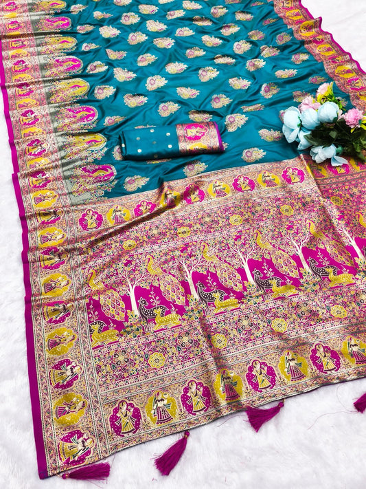 AJ-POSITION-PEACOCK SOFT 50/600 SILK SAREE WITH POSITION STYLE WEAVING WITH HEAVY DESIGN WITH CONTRAST BODY PALLU AND BLOUSE