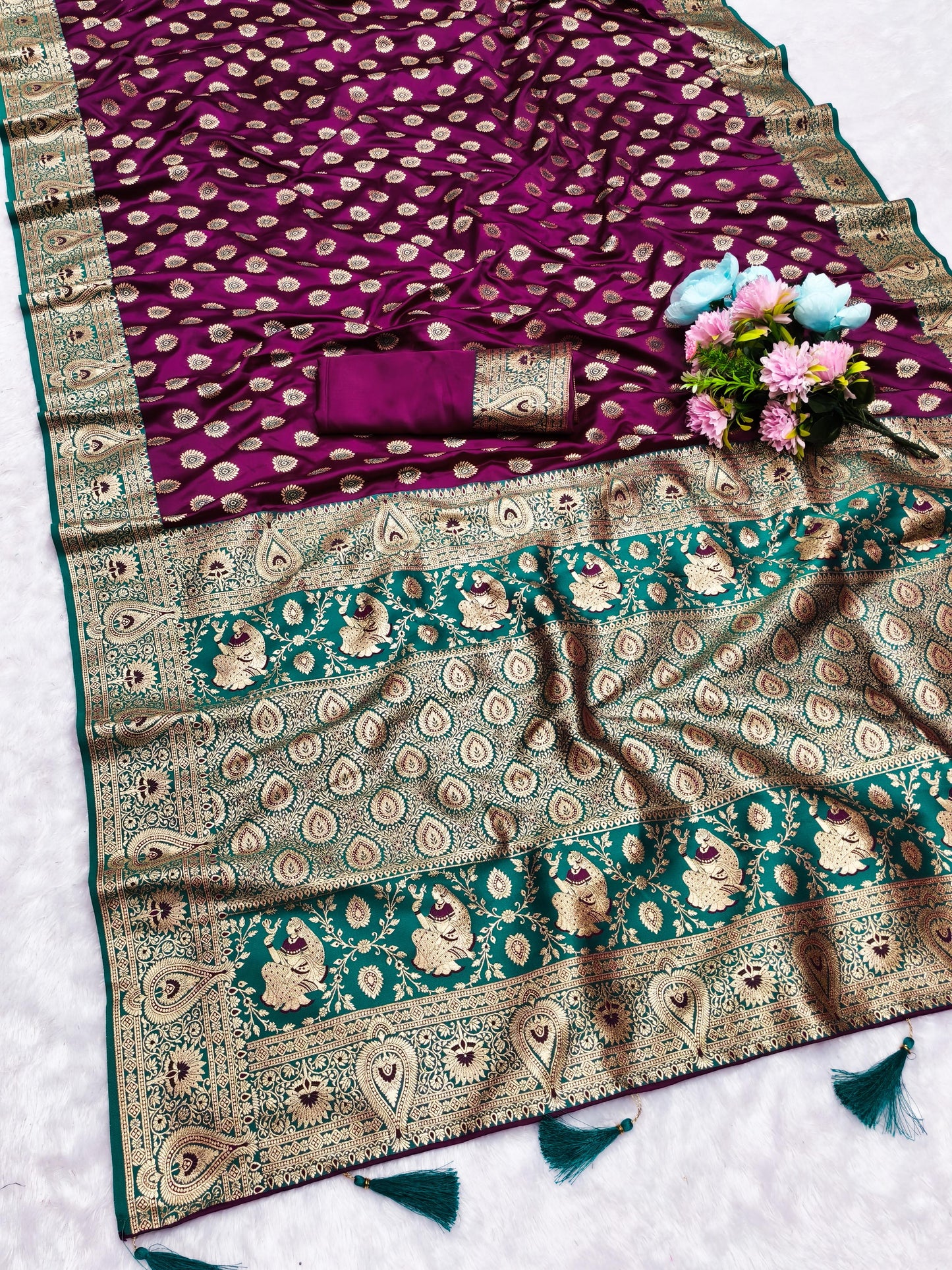 AJ-SATIN-CREATIVE SOFT SATIN SILK SAREE WITH RICH PALLU WITH CONTRAST PALLU AND BORDER WITH BUTTA DESIGN WITH BUTTI BLOUSE