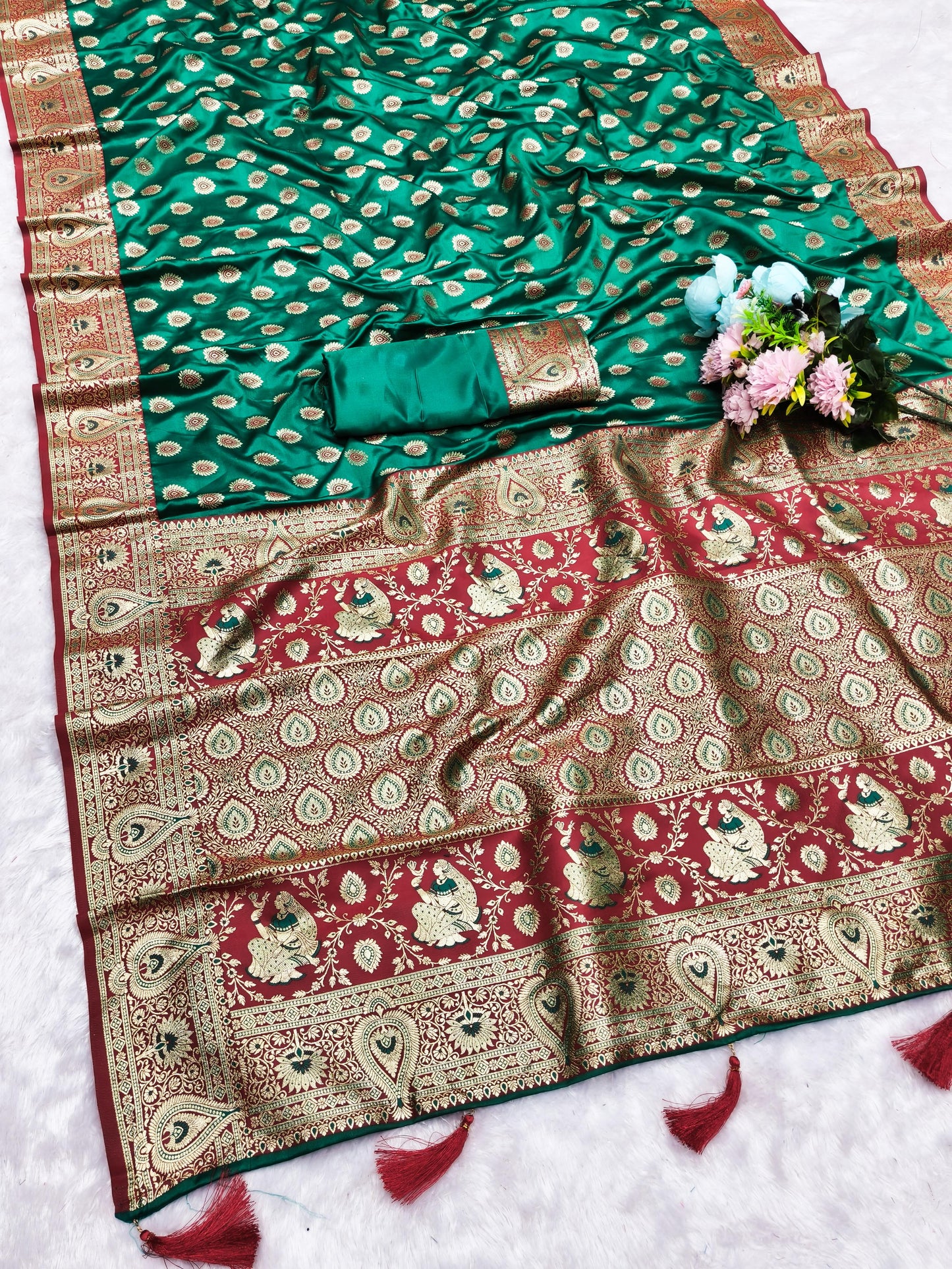 AJ-SATIN-CREATIVE SOFT SATIN SILK SAREE WITH RICH PALLU WITH CONTRAST PALLU AND BORDER WITH BUTTA DESIGN WITH BUTTI BLOUSE