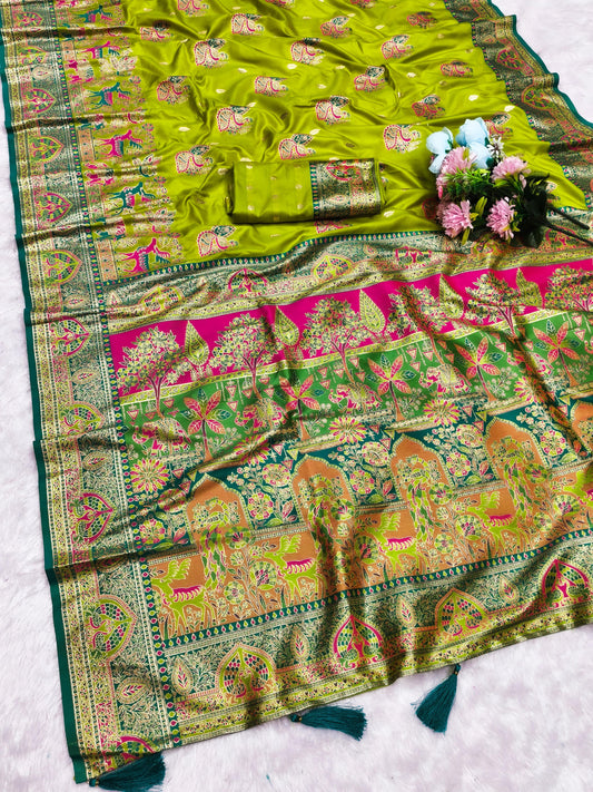 AJ-POSITION-HIRAN SOFT 50/600 SILK SAREE WITH POSITION STYLE WEAVING WITH HEAVY DESIGN WITH CONTRAST BODY PALLU AND BLOUSE