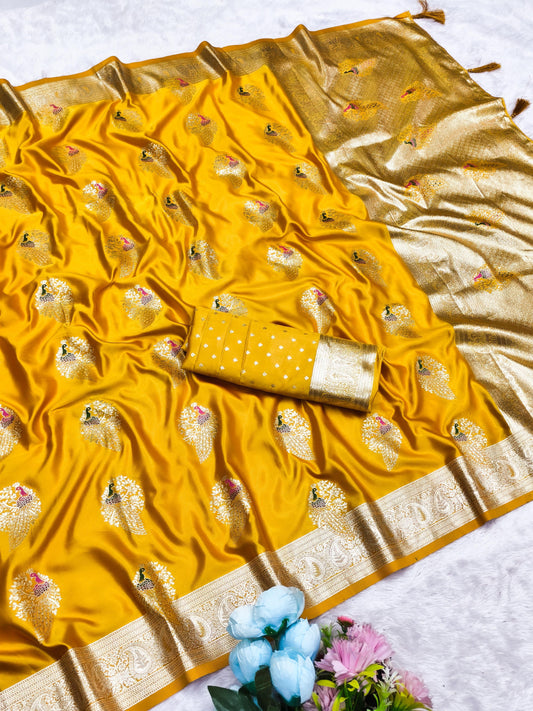 AJ-SATIN-RADHA SOFT SATIN SILK WITH PEACOCK DEISGN WEAVING WITH MEENA WORK WITH BUTTI BLOUSE