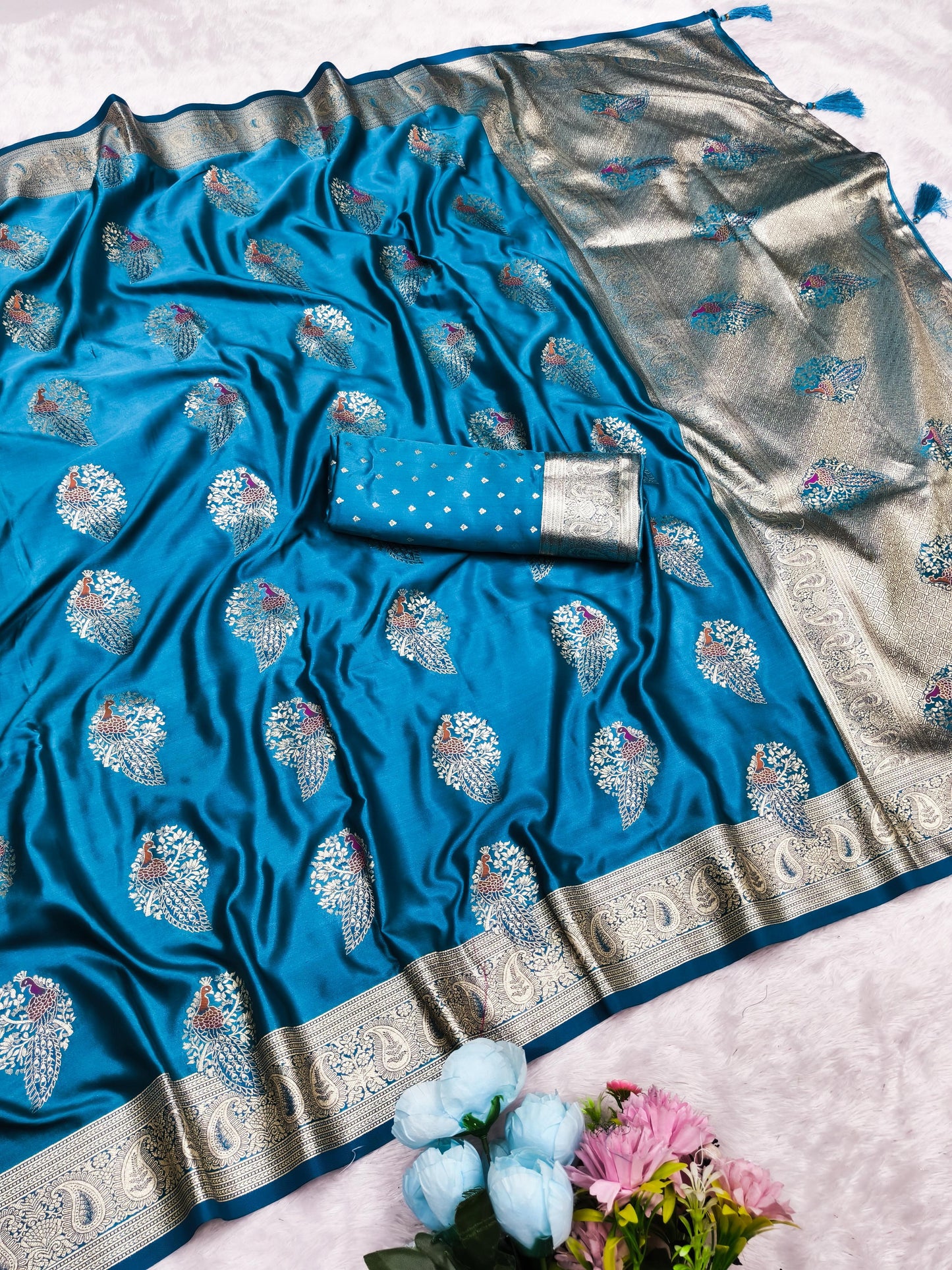 AJ-SATIN-RADHA SOFT SATIN SILK WITH PEACOCK DEISGN WEAVING WITH MEENA WORK WITH BUTTI BLOUSE