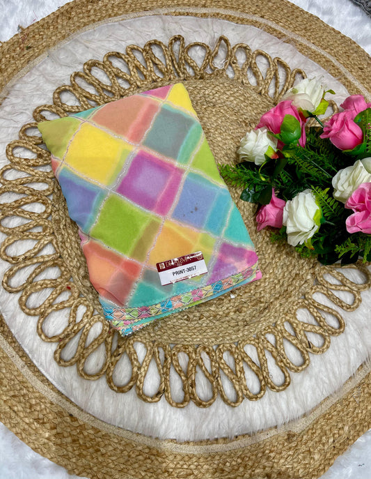 PRINT-3057 HEAVY FOIL SAREE WITH COLOURFULL SAREE WITH TONE TO TONE LACE BORDER WITH SILVER JAREE ON BODY