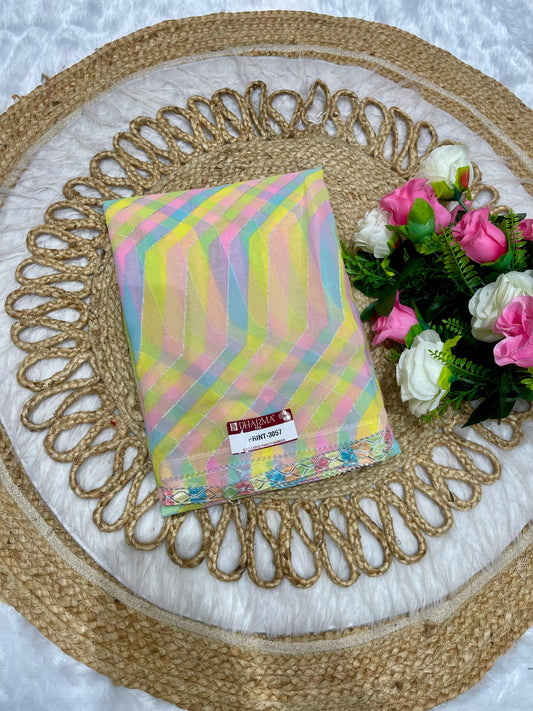 PRINT-3057 HEAVY FOIL SAREE WITH COLOURFULL SAREE WITH TONE TO TONE LACE BORDER WITH SILVER JAREE ON BODY