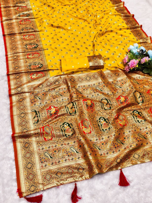AJ-VICTORIA SOFT 50/600 SILK SAREE WITH POSITION STYLE WEAVING WITH HEAVY DESIGN WITH CONTRAST BODY PALLU AND BLOUSE