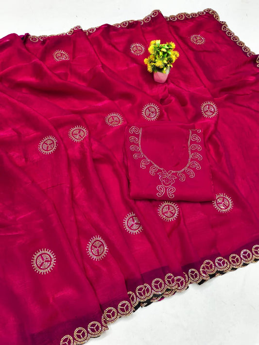 DF-APPORVA FENDI SATIN SAREE WITH JARKAN WORK WITH BEADS WORK AND HEAVY BLOUSE