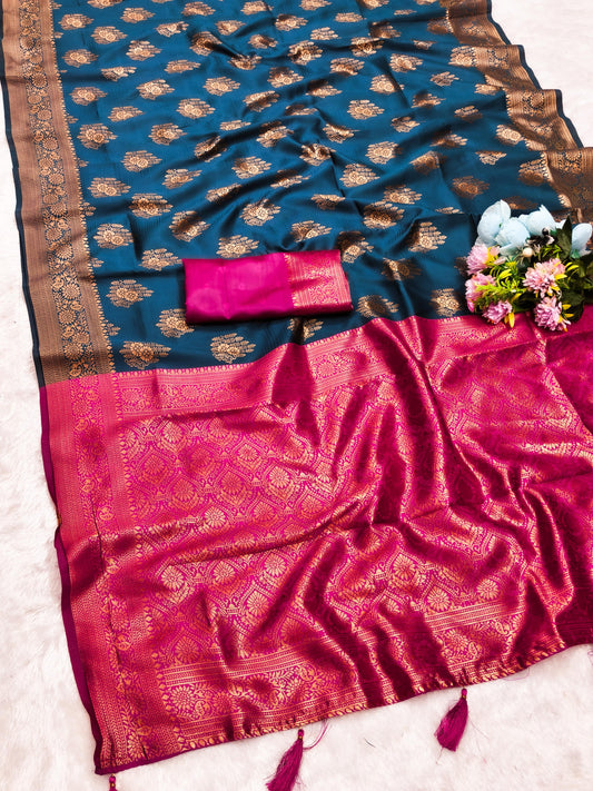 AJ-MANDOLA SOFT CHAMPION SILK WITH CONTRAST BORDER WITH TRENDING BUTTI DESIGN WITH TASSELS