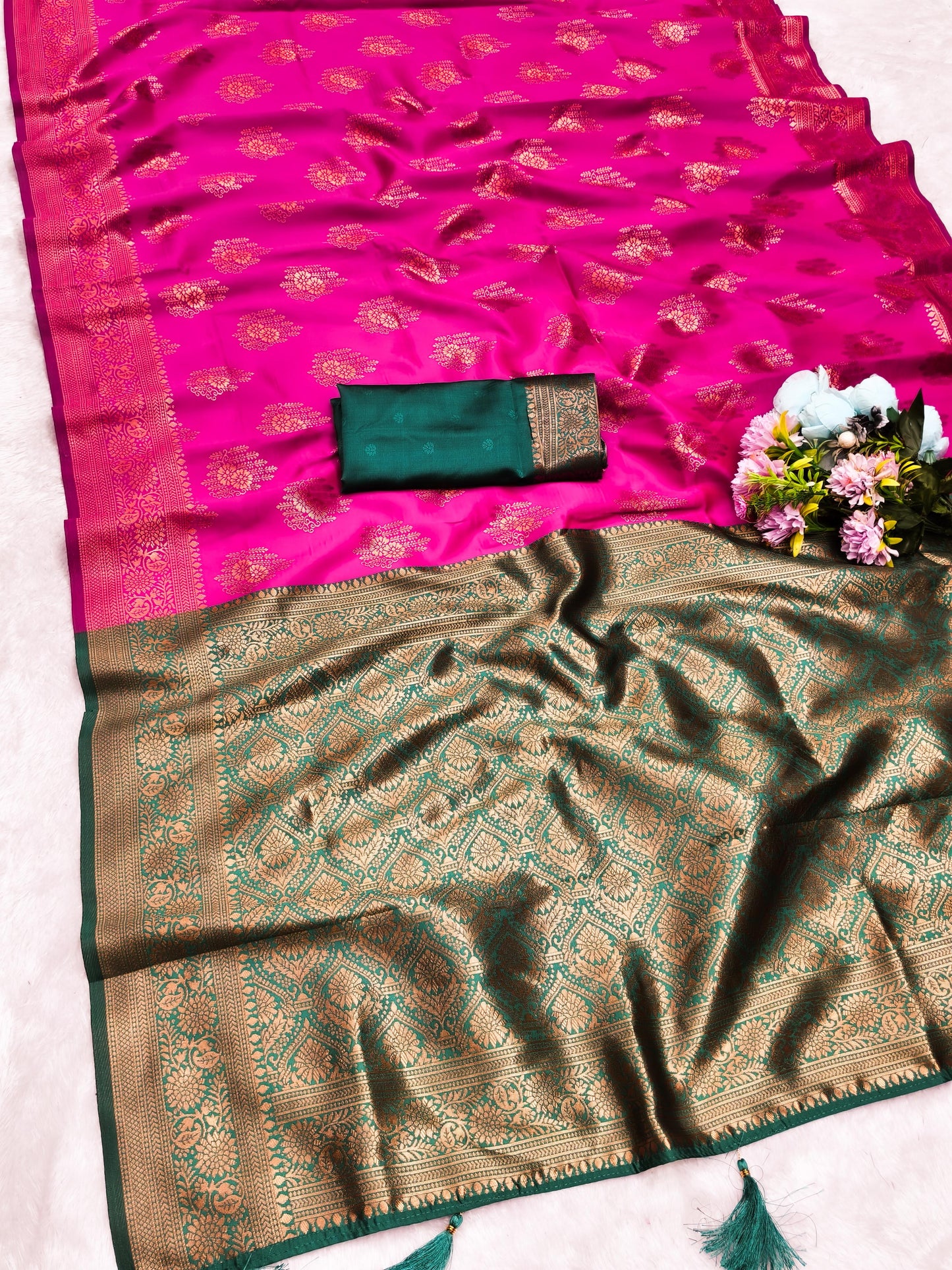 AJ-MANDOLA SOFT CHAMPION SILK WITH CONTRAST BORDER WITH TRENDING BUTTI DESIGN WITH TASSELS