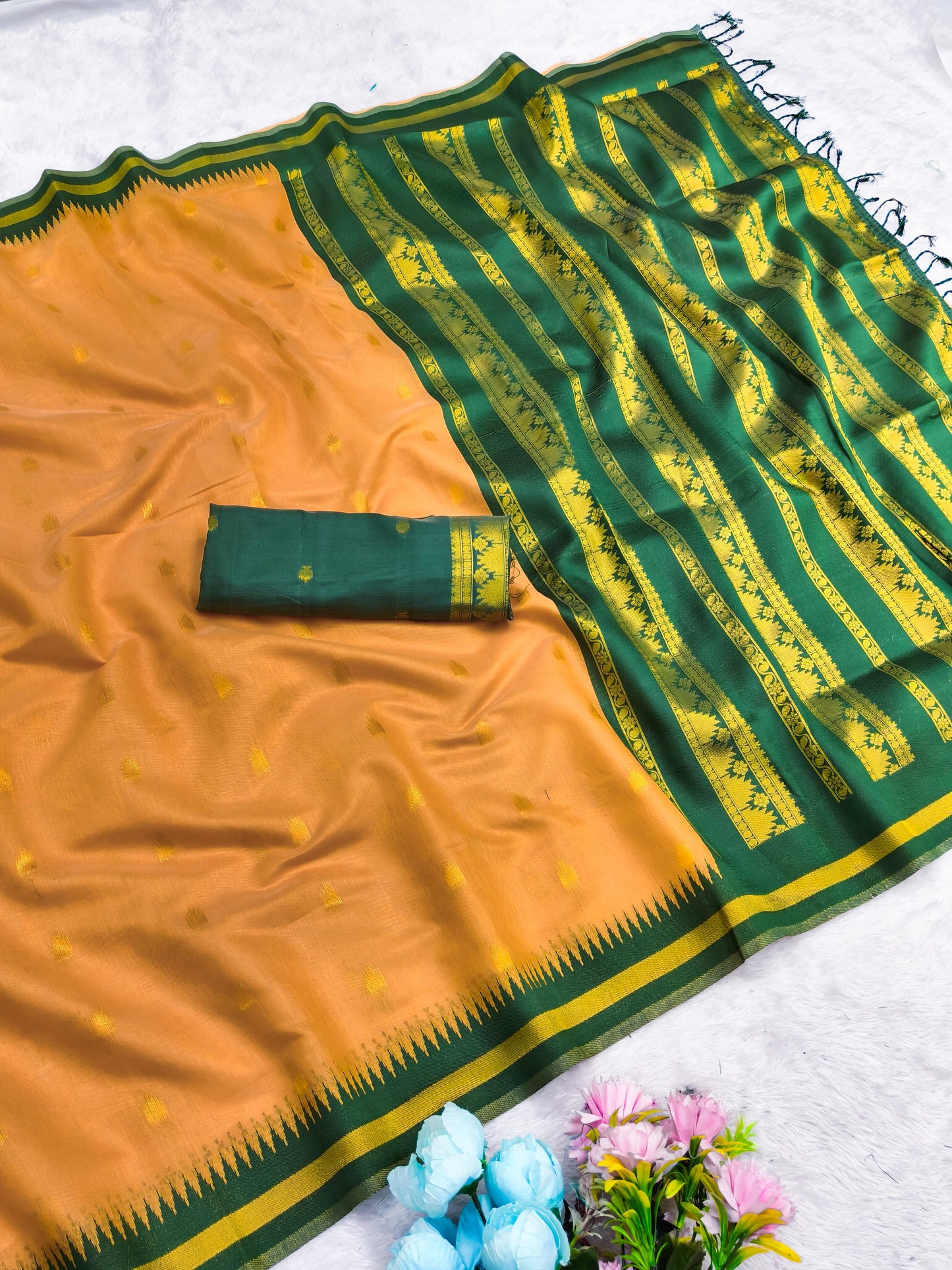 AJ-COTTON-KALYAAN COTTON SILK WITH RICH PALLU WITH CONTRAST BORDER WITH BUTTI DESIGN WITH UNIQUE BEAUTIFUL TASSELS