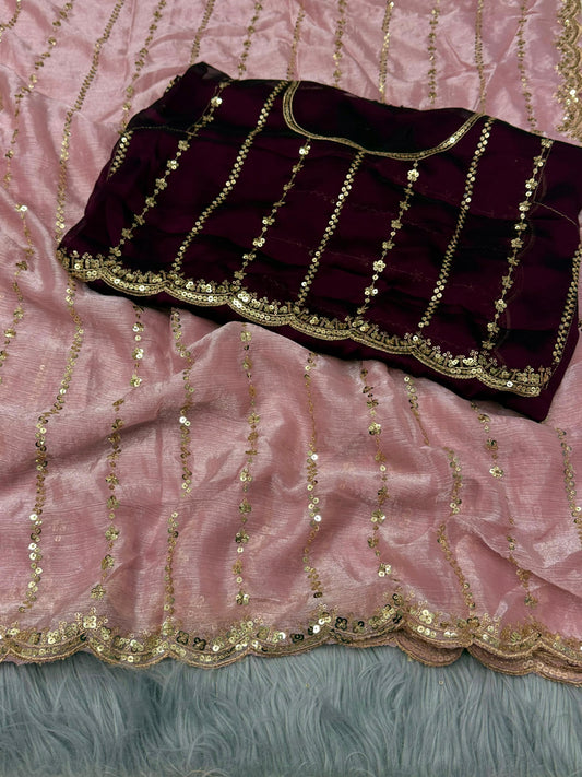 NN-2052 Pure Fandy Sattin Silk With Beautiful Sequence embroidery work with Cut work border with Paired With Fandy Sattin Heavily Worked Fancy Blouse