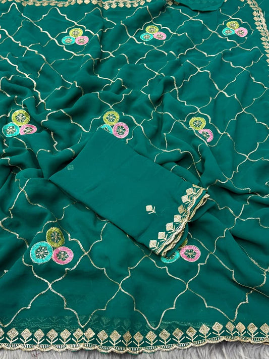 NN-2053 Georgette fabric with beautiful C-pallu embroidary work with allover multi desginer thread work on it with Tone to tone embroidary work blous