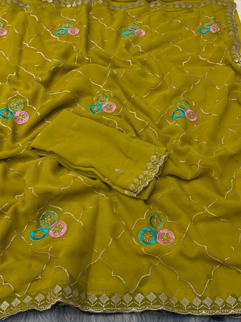 NN-2053 Georgette fabric with beautiful C-pallu embroidary work with allover multi desginer thread work on it with Tone to tone embroidary work blous