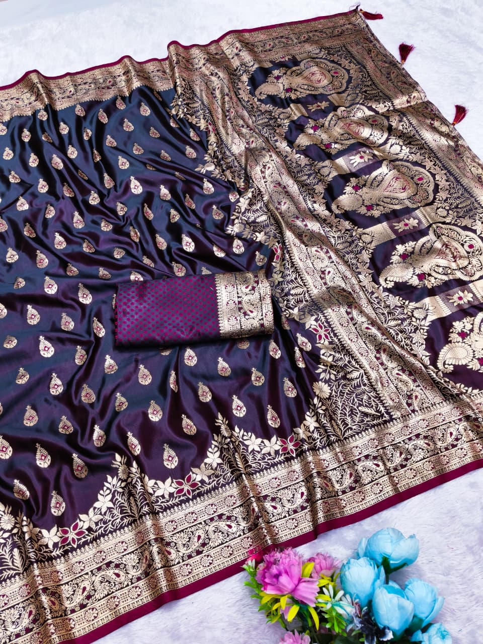 AJ-SATIN-PARAG SATIN SILK SAREE WITH RICH PALLU AND BEAUTIFUL MEENAKARI WORK WITH DARK MATCHING