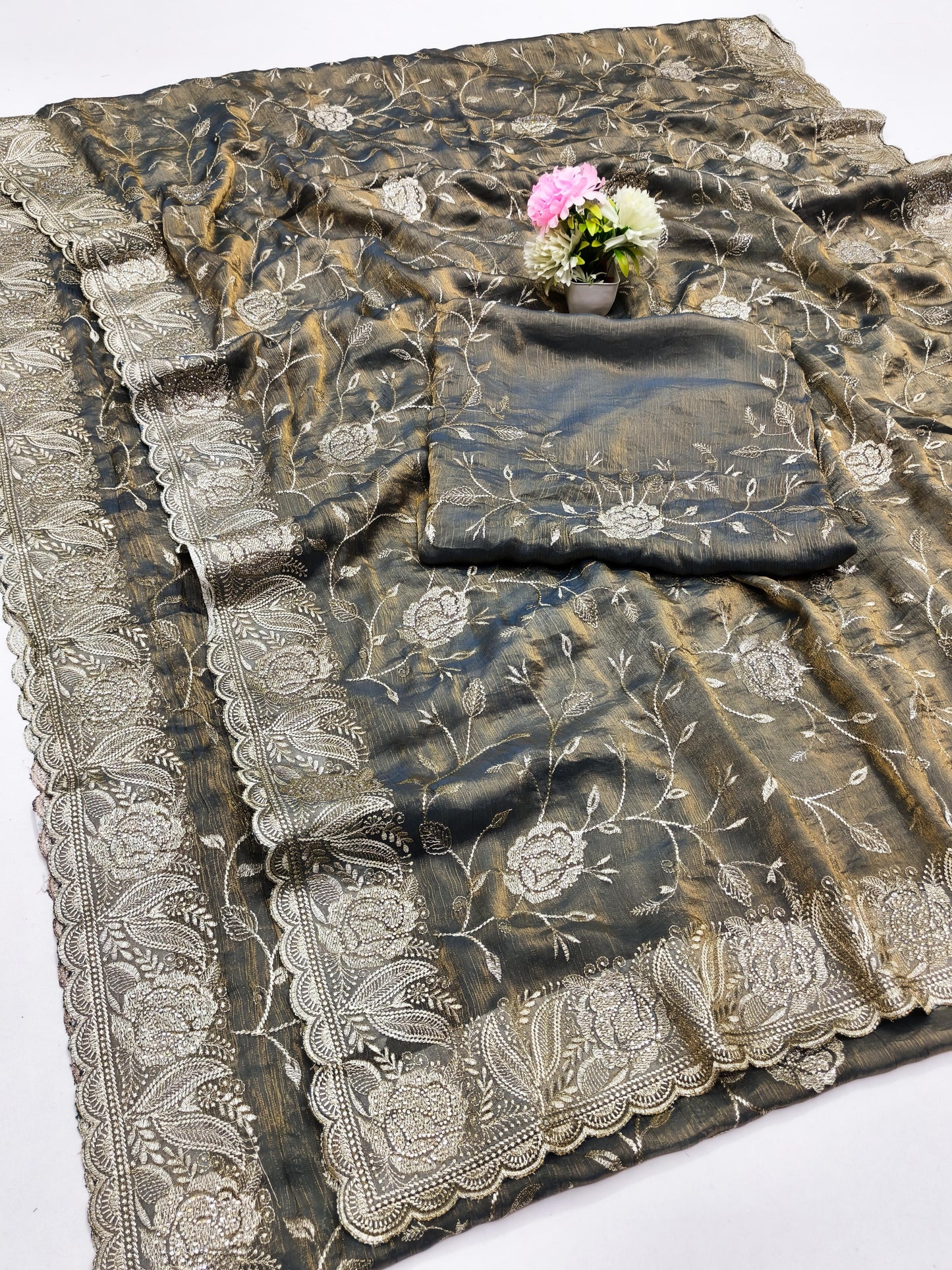 DF-ACTIVA FENDI CHIFFON SAREE WITH HEAVY EMBORIDERY WITH JHAL WORK AND SIROSKI WITH HEAVY BLOUSE