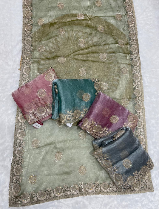 BS-GREEN-APPLE CRUSH CHIFFON SAREE WITH BEAUTIFUL SILVER EMBORIDERY WORK WITH DIAMOND AND HEAVY BLOUSE