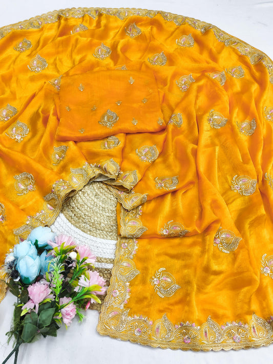 DF-MAHERA FENDI SILK SAREE WITH BEAUTIFUL EMBROIDERY WORK THREAD WORK WITH JARKAN WORK