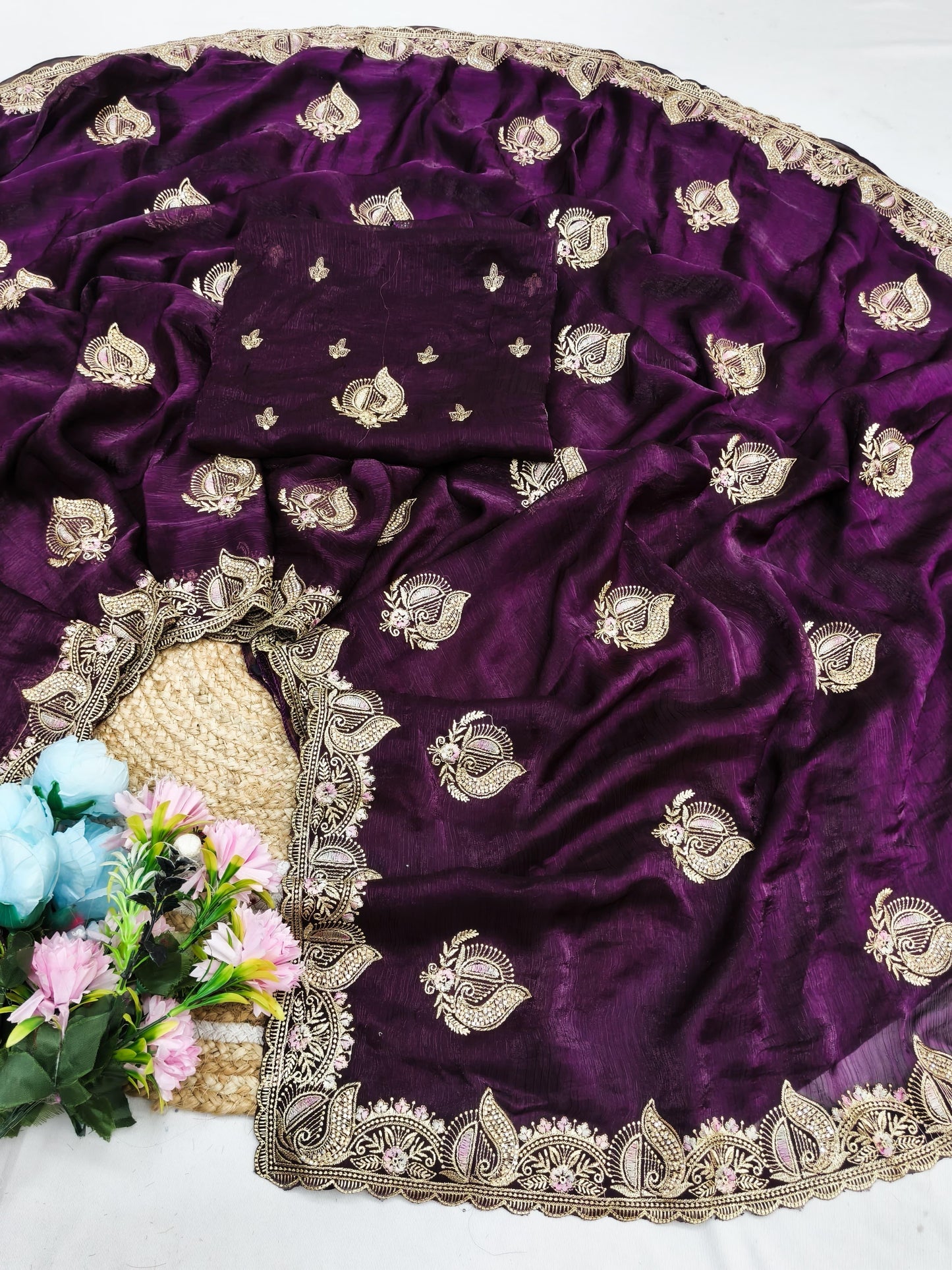 DF-MAHERA FENDI SILK SAREE WITH BEAUTIFUL EMBROIDERY WORK THREAD WORK WITH JARKAN WORK