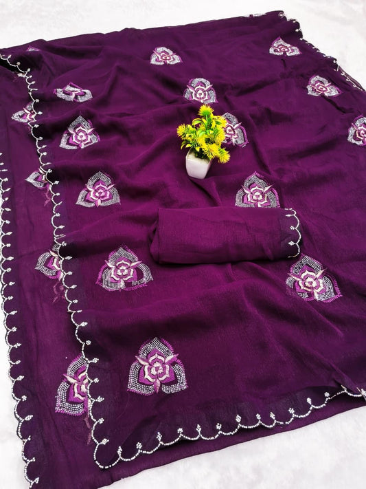 DF-PRINSHI SIMMER SAREE WITH EMBORIDERY WORK WITH THREAD AND DIAMOND WORK