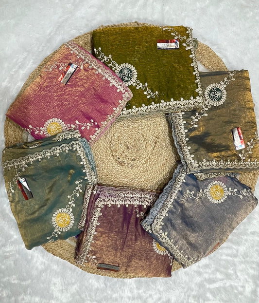 KAS-TRISHLA FENDI SAREE WITH EMBORIDERY WORK WITH LAHERIA DESIGN AND UNIQUE STLYE FABRIC ATTACHED WITH PEETHA WORK