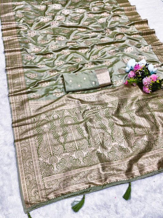 Aj-SATIN-KHUSI SATIN SILK SAREE WITH BEAUTIFUL LIGHT MAATCHING SAREE WITH RICH PALLU WITH MEENA KARI WORK ALL OVER THE SAREE