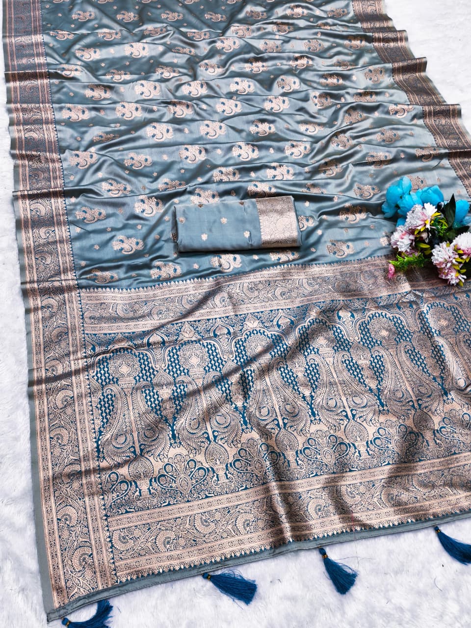 Aj-SATIN-KHUSI SATIN SILK SAREE WITH BEAUTIFUL LIGHT MAATCHING SAREE WITH RICH PALLU WITH MEENA KARI WORK ALL OVER THE SAREE