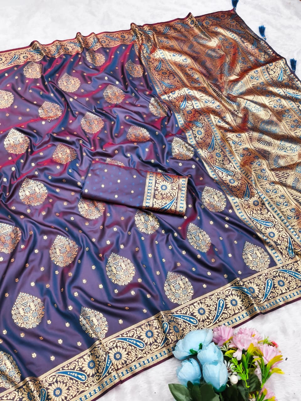 AJ-SHEETAL SOFT SILK SAREE WITH SATIN LOOK WITH MEENAKARI WORK SPECIAL BANARAS DESIGN WITH RICH PALLU