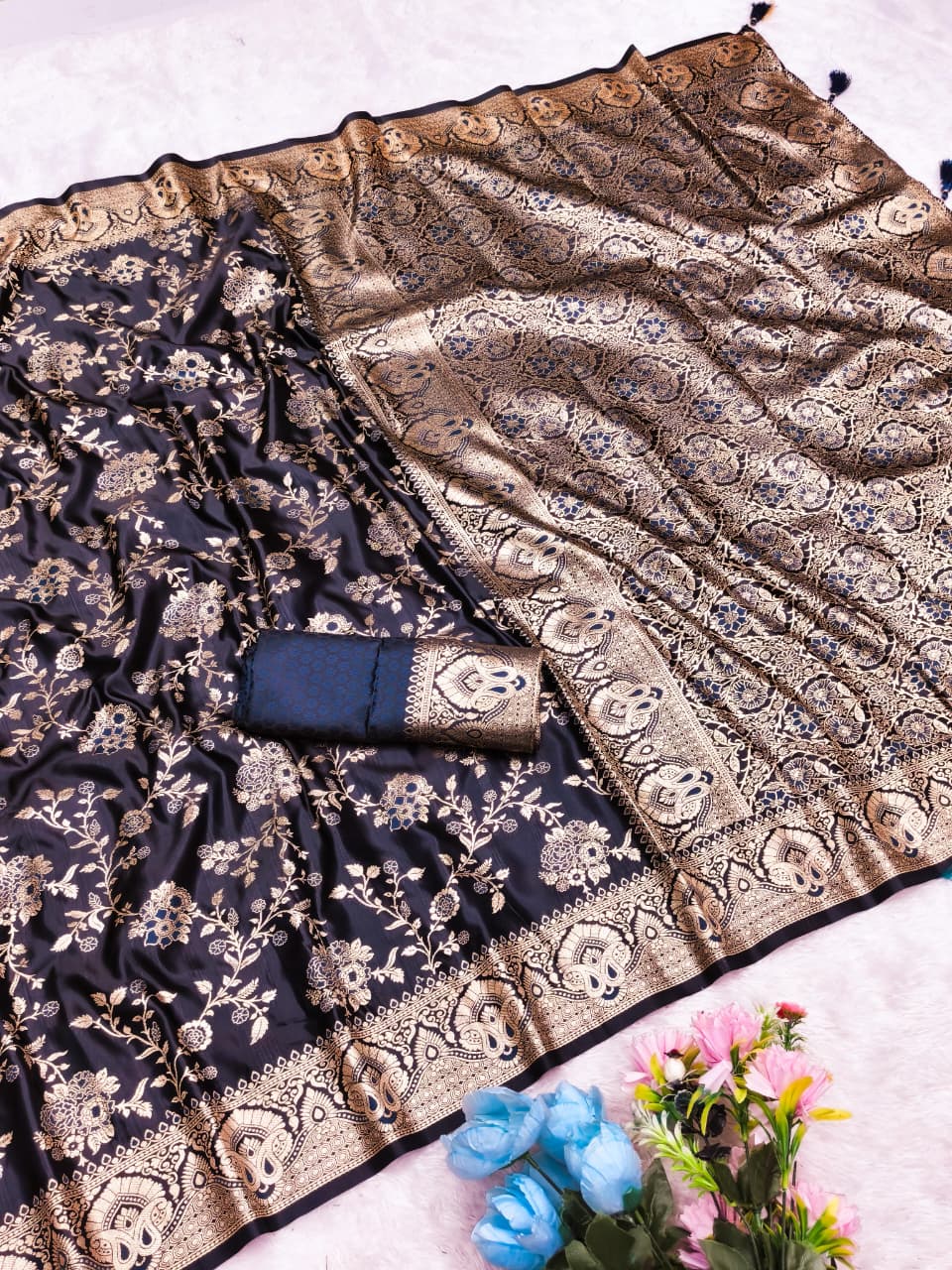 AJ-SATIN MORBI SATIN SILK SAREE WITH BEAUTIFUL BANARAS FAMOUS JHAL DESIGN WITH MEENAKARI WORK WITH TASSELS