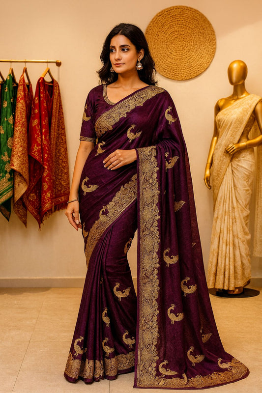 DF-DHARAMVEER SPACE SILK SAREE WITH BEAUTIFUL PEACOCK DESIGN EMBORIDERY WITH PEACOCK ON BODY ALSO WITH HEAVY BLOUSE