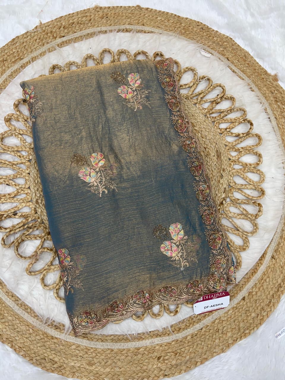 DF-AEESHA FENDI SILK SAREE WITH BEAUTIFUL EMBROIDERY WORK THREAD WORK WITH SIROSKI WORK