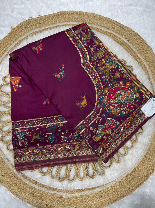 AJ-ROLEX-PASHMINA PASHMINA DIABLE SILK WITH HEAVY DESIGN WITH RICH PALLU AND TISSUE HEAVINESS WITH JARKAN WORK ALL OVER WITH LUXURY TASSELS