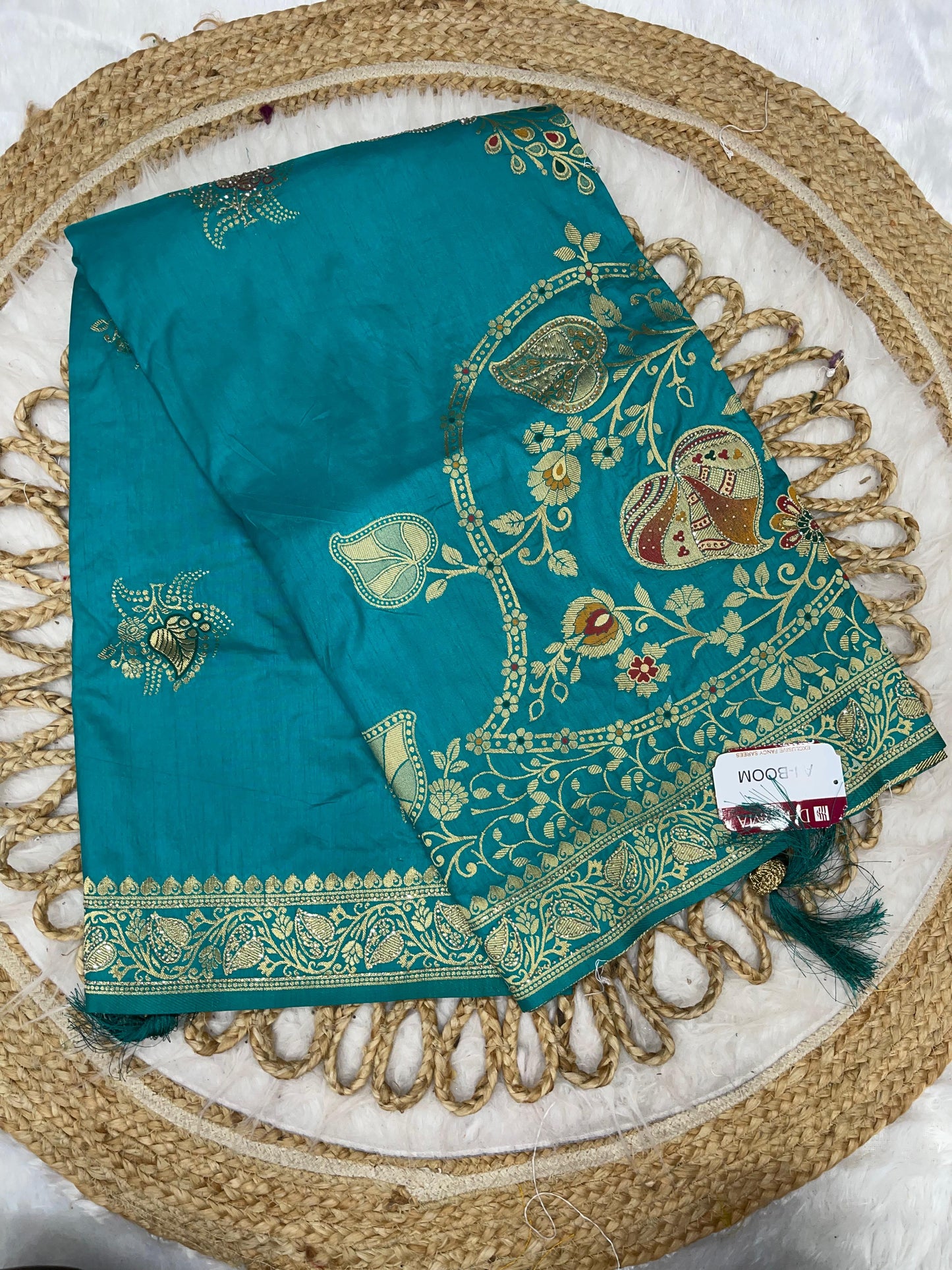 AJ-BOOM DOLA DIABLE SILK WITH HEAVY DESIGN WITH OPEN PALLU AND DMC WORK ALL OVER WITH LUXURY TASSELS