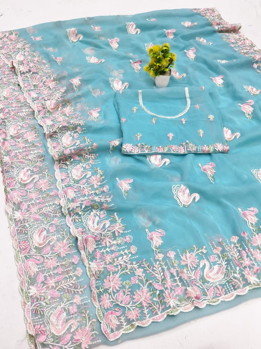 BS-SUJANGARH VARI CHIFFON SAREE WITH BEAUTIFUL THREAD WORK WITH BEAUTIFUL SWAN DESIGN